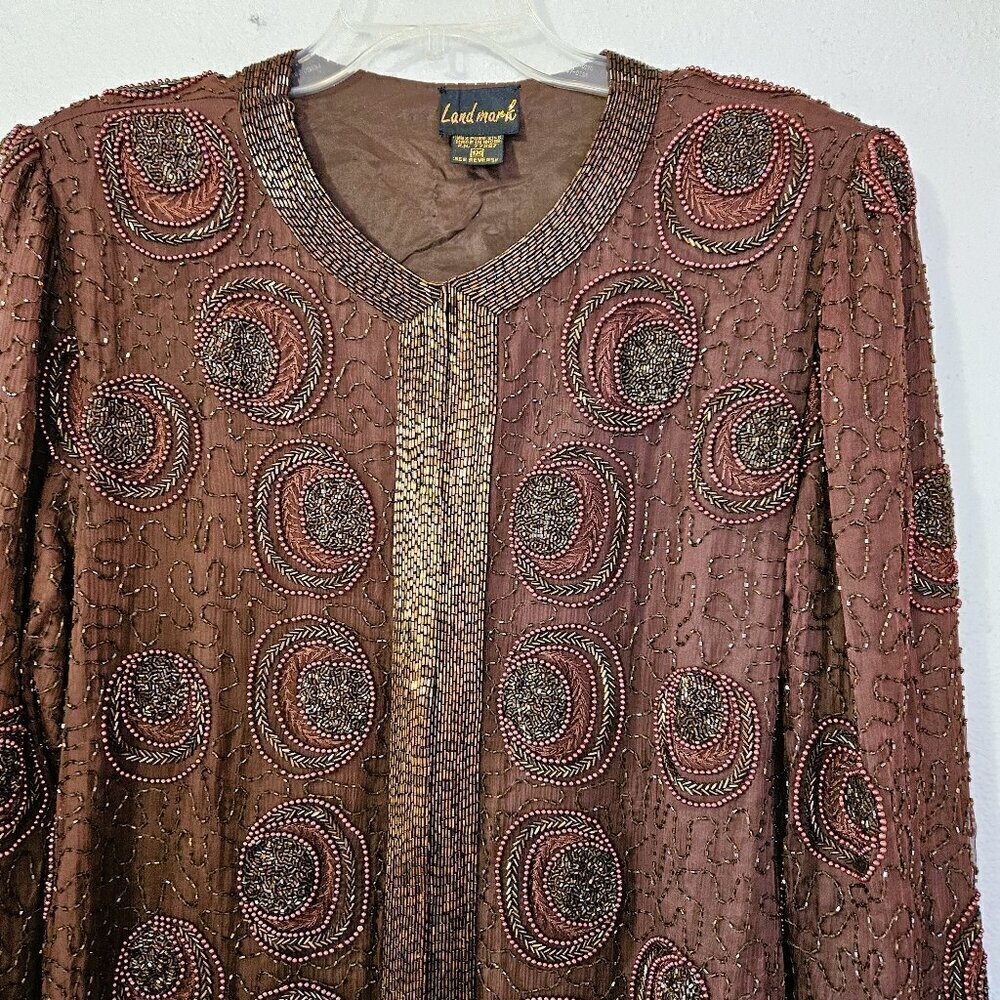 Vintage Women's Beaded Brown Jacket 100% Pure Silk Elegant Size 1X - Picture 2 of 8